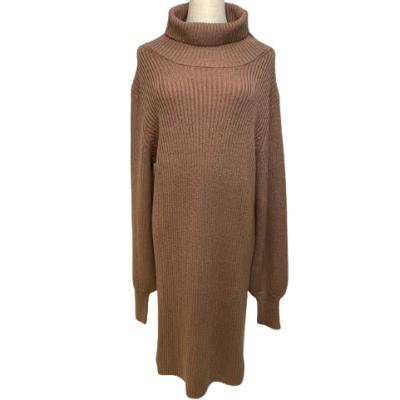 China Turn-Down Collar Lantern Sleeve Maxi Dress Solid Color Ribbed Cable Anti-Static Soft Custom Design Sweater Dress for sale