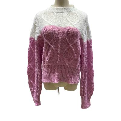 China Anti-wrinkle women crew neck color block sweater pink and white lantern cable splice sleeve knit OEM ODM casual pullover for ladies for sale