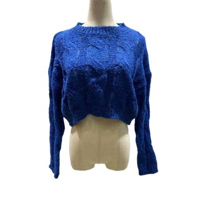 China Anti-wrinkle women crew neck cable sweater long sleeve custom knit tops OEM ODM blue wave pullover for ladies for sale