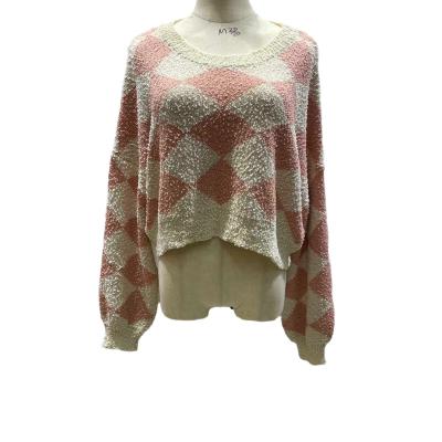 China Cute Anti-Wrinkle Women's Argyle Pattern Sweater Round Neck Knit Tops for sale