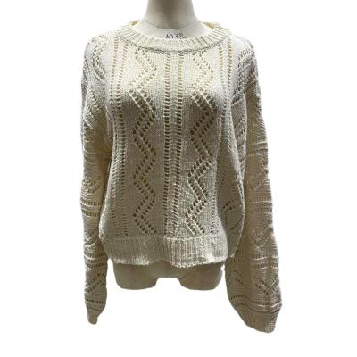 China Anti-Wrinkle Women Crew Neck Lantern Sleeve Sweater Solid Color Ribbed Knit OEM ODM Cavity White Casual Pullover For Ladies for sale