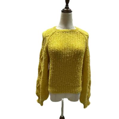 China Anti-wrinkle women crew neck sweater lantern sleeve with cable knit OEM ODM drop shoulder casual custom pullover for ladies for sale