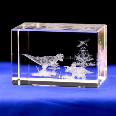 China China Souvenirs Laser Engraved Crystal Glass Block 3D Dinosaur for sale