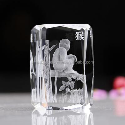 China China High Quality 3d Monkey 3d Animals Interior Laser Engraving Customize Crystal Glass Cube for sale