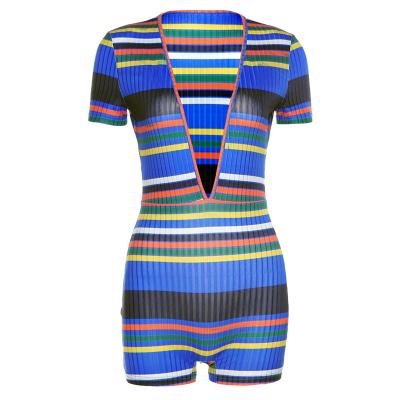 China Factory Direct Sales V Tight Printed Deep Striped Women's Short Sleeve Overalls QUICK DRY Overalls for sale