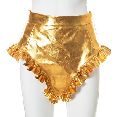 China Wholesale Breathable Summer Street Fashion V Faux Ruched Shiny Leather Shorts Women's High Waist Ruffle Shorts Women's for sale