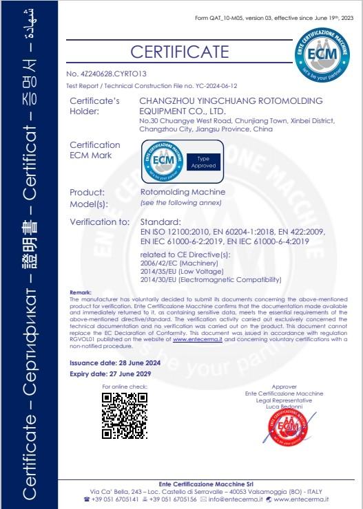 CE certification - Changzhou Yingchuang Rotomolding Equipment Co,. Ltd