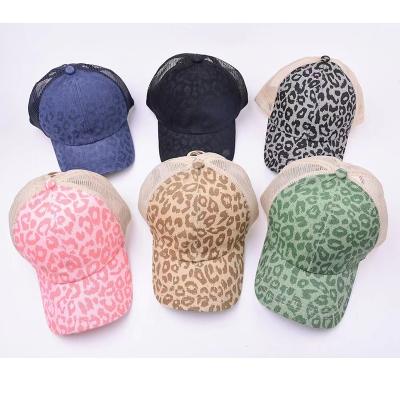 China 5-Panel Hat Hot-Seller Washed Vintage Women's Adjustable Distressed Leopard Ponytail Baseball Caps Summer Female Hats for sale