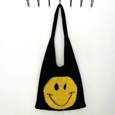 China Fashion Hot-Seller Smile Knit Totes Black Woman Shopping Bag Big Large Emotion Handbag For Traveling for sale