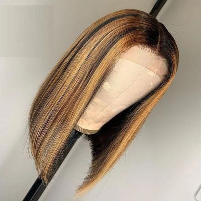 China Silky Straight Wave P4/27 Bob Wig 4*1 T Lace Up Medium Highlight Honey Blonde Dark Brown Mixed Hair Wig150% Density Part Colors for sale