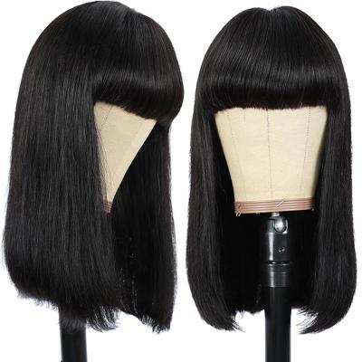 China Cheap High Quality Silky Straight Wave Hair Wigs With Bangs For Women 12 Inch Natural Black Real Bone Straight Wig for sale