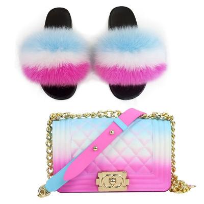 China Wholesale Fashion Anti-slippery Fur Slides With Purse Set Luxury Real Fox Fur Slippers And Purse Handbag Matching Set for sale