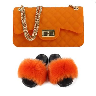 China Wholesale Bulk Anti-slippery Fur Slides With Purse Set Jelly Bag And Fur Slippers Purse Sets Fur Slides Handbag Set For Woman for sale