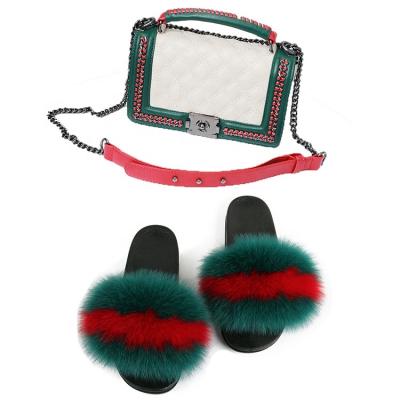 China Wholesale Fashion Fox Fur Slides Slippers Anti-Slippery Real And Soft Flat Women Jelly Bag Matching Set For Cross-body for sale