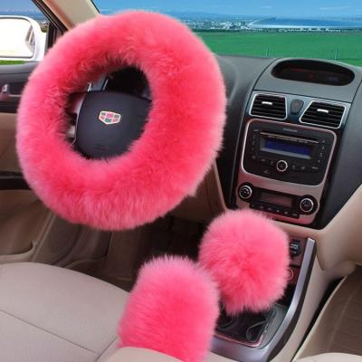 China Winter Long Plush 3psc/set Wheel Cover Handbrake Car Steering Wool Accessory Real Fluffy Warm Sheepskin Fur for sale