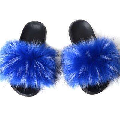 China Fashion Trend Big Fox Fur Slippers Raccoon Faux Fur Hairy Slides For Women LOGO Summer Flip Flops Sandals Custom Made Wholesale for sale