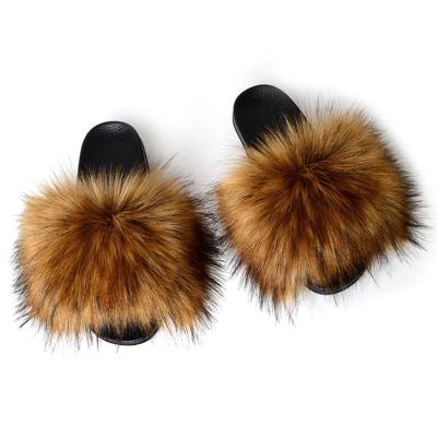 China Fashion Trend Wholesale Women's Flip Flops Faux Fur Soft Slips Artificial Fox Fur Flat Faux Slippers For Woman for sale