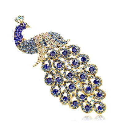 China Trendy 18K Sapphire Blue Rhinestone Peacock Brooches For Women Big Bowknot Brooch Pins Vintage Fashion Jewelry Summer Accessories for sale