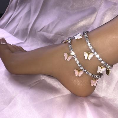 China 2022 Vintage Fashion Tennis Bling Crystal Anklet Women Diamond Cuban Link Butterfly Cuban Anklet for sale