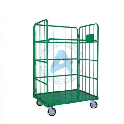 China Corrosion Protection Three Sides Japanese Korean Style Storage Warehouse Demountable Logistic Industrial Wire Mesh Foldable Roll Trolley for sale