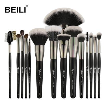 China BEILI New Skin-friendly 15PCS Vegan Makeup Brush Foundation Eyeshadow Black Contour Make Up Brushes Wood Handle Silver Tube Brushes for sale