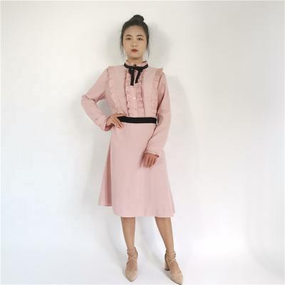 China Parride Pleated Ruffle Trims Fashion Long Sleeve Dress Women Casual Midi Dress for sale