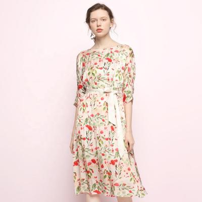 China Anti-Wrinkle Lovely All Over Flower Print Dresses Tie Waist Midi Dress Womens Clothing Manufacturer OEM for sale