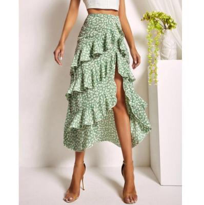 China Viable Trendy Women Ruffle Midi Tiered Ruffle Skirts High Slit Trim Long Disheveled Edge Floral Skirt for sale