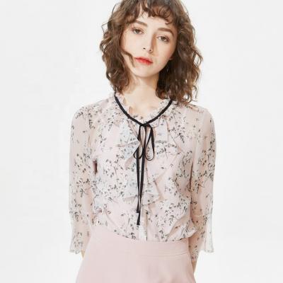 China QUICK DRY Floral Print Tie Neck Blouse Women Tops Flare Sleeve Ruffle Fashionable Trim Shirts for sale