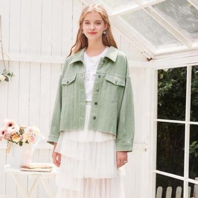 China Women High Quality Anti-Shrink Regular Green Denim Style Jacket Casual Wear Lady Striped Daily Coat for sale