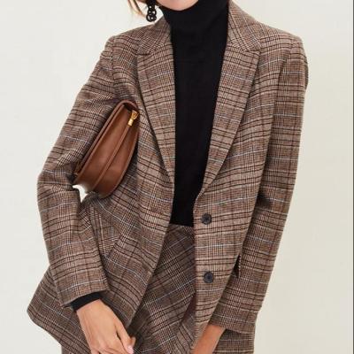 China British Type Anti-Shrink Women Plaid Brown Blazer Turn-Down Collar Casual Jacket Office Lady Daily Winter Coat for sale