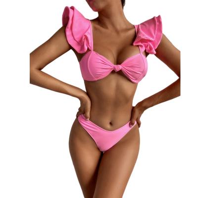 China High Style Solid Color Collar Bikini Waist Strap Women Breathable Hot Ruffled Swimsuit for sale