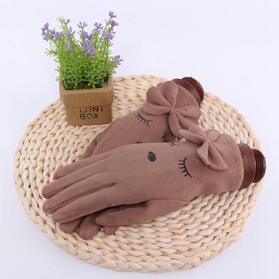 China Soft Leather Manufacturers selling deerskin velvet bow touch screen gloves winter women plus velvet thick outdoor cycling warm gloves for sale