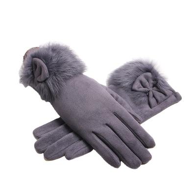 China Soft Leather Suede gloves Women's new autumn and winter fashion cute thick warm rabbit plush touch screen cycling gloves for sale