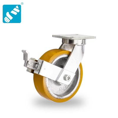 China Yellow 10 Inch Anti-Corrosion Flat Tread PU Cast Iron Silver Heavy Duty Wheel Industrial Caster for sale