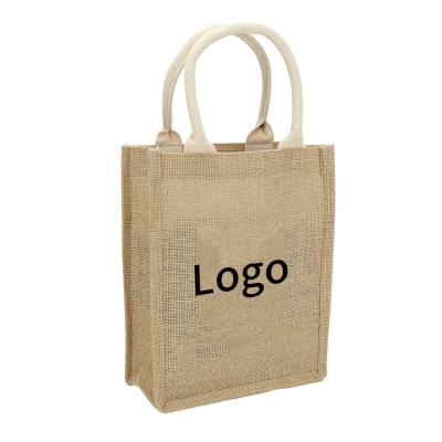 China Eco Friendly Laminated Hessian Shopping Handled Tote Bags With Custom Logo Burlap Sack Reusable Beach Tote Bag for sale