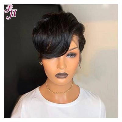 China Virgin Pixie Wig Natural Black Cheap Pixie Cut Human Hair Wigs FH 13x1 Lace Band Wig Barely Shedding Soft Smooth Thick Shedding Transparent Hair Pixie Wig for sale