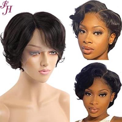 China Natural Black Brazilian Wave Barely Shedding Thick Soft Smooth Pixie Cut Hair Wig FH Short Pixie Cut Wig 13x1 Body Machine Made Pixie Wig for sale