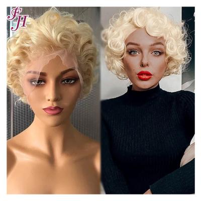 China Free Shipping Barely Shedding Soft Thick Straight Brazilian Pixie Cut Lace Wig Human Hair Front Wig 13x1 Pixie Cut Curly Virgin Blonde Hair Lace Wig FH 613 for sale