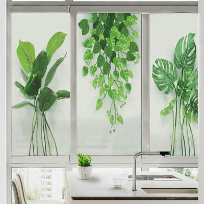 China PVC Self Adhesive Customized Green Plants Frosted Decorative Stickers Stained Glass Film for sale