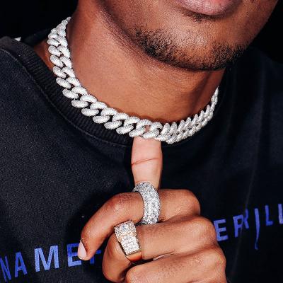 China Trendy chunky sterling silver Hiphop choker necklace in spark moissanite cuban chain jewelry set for hip hop man for sale