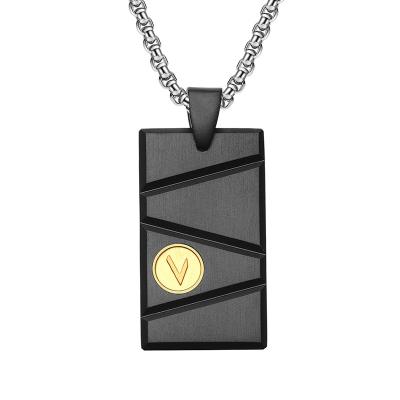 China Men's Jewelry TRENDY Custom Rectangle Brushed Initial Letter Stainless Steel Black and Gold Pendant Necklace for sale