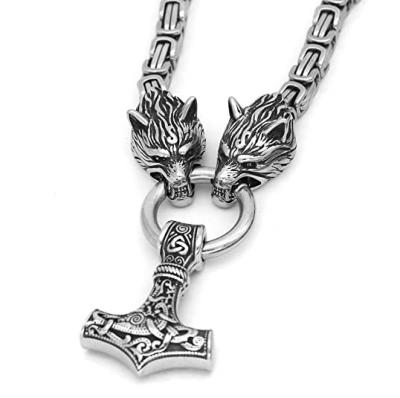 China Amulet Wolf Head Mjolnir Necklace King Chain Norse Viking Celtic Thor Hammer Pendant Stainless Steel Viking Jewelry Celtic Style Men Vintage Norse for sale