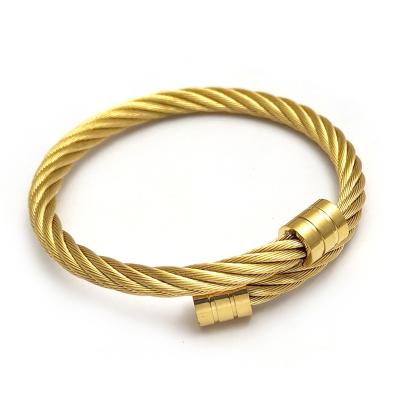 China FASHIONABLE Cheap Custom Jewelry Stainless Steel Gold Plated Twisted Cable Wire Rope Cuff Bangle Bracelet for sale