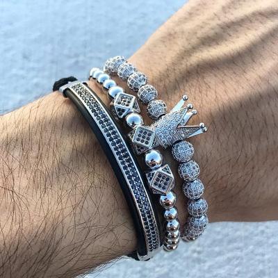 China 3pcs/set Luxury Silver Braided Royal Crown Beaded Bracelet Set Stack 3pcs/set For Men Watch Bracelet Jewelry for sale