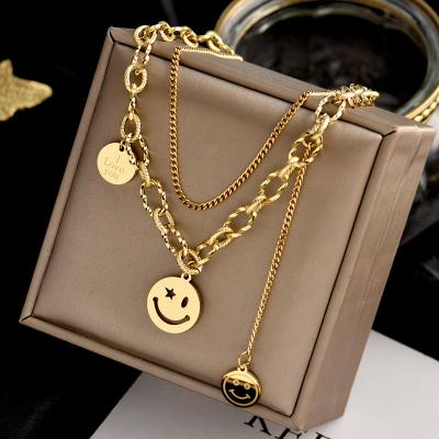 China TRENDY 18k Gold Plated Stainless Steel Chains Choker Smiley Face Pendant Layered Necklace For Women for sale