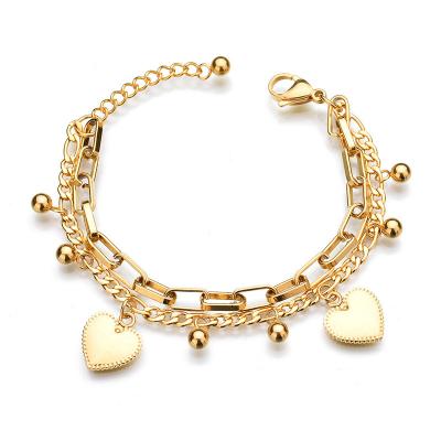 China TRENDY 2022 Bohemian Style Gold Plated Stainless Steel Heart Charm Chain Bracelet For Women for sale