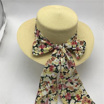 China 2020 New Design Straw Kettle Flat Brim Boater Striped Paper Hat With Big Bow for sale