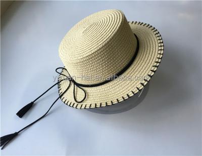 China New Arrival Flat Surface Striped Kids Paper Straw Boater Hat With Ribbon For Sale for sale