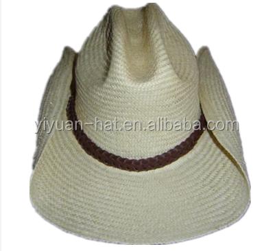 China Wholesale High Quality Natural Band Hats With Woven Cowboy Straw Rolling Up Brim Cowgirl Hollow Fiber Palm Grass Character Palm for sale